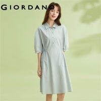 *GIORDANO Women Dresses Big Pockets Drawstring Collect Waist Fashion Dresses Puff Sleeve 100% Cotton Casual Dresses 05463335