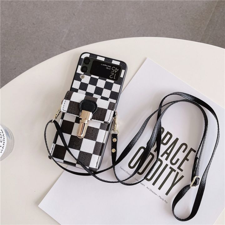 cold-noodles-girl-crossbody-long-belt-chain-checkerboard-purse-phone-case-for-samsung-galaxy-z-flip-4-3-5g-gird-pattern-leather-wallet-cover