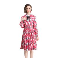 Women New Dress Real Shot  Flower Print  Midi Dress Long Sleeve A- Line Dress