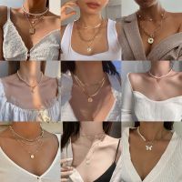 Fashion Pearl Crystal Necklace Multilayer Butterfly Snake Gold Necklace Beads Chain Coin Portrait Pendant Necklaces for Women Jewelry Accessories
