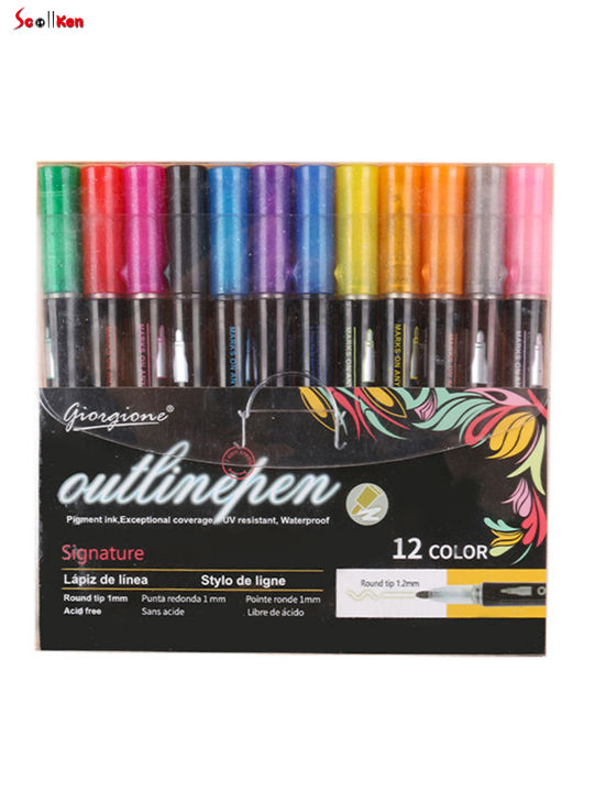 ปากกามาร์กเกอร์เขียนโครงร่างโลหะ12-24สีสำหรับทำ-doodling-และทำบัตร