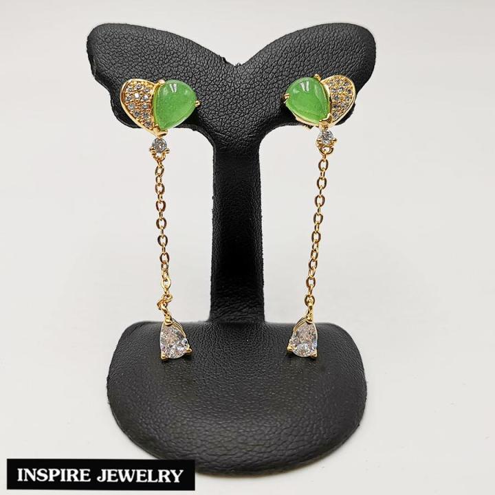 inspire-jewelry-ต่างหูหยก-ประดับเพชร-cz-ห้อยตุ้งติ้ง-ต่างหูรูปหัวใจ-ตัวเรือนหุ้มทองแท้-24k-สวยหรู-น่ารัก-พร้อมถุงกำมะหยี่