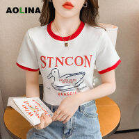 AOLINA เสื้อยืดเลกกิ้งเสื้อครึ่งแขนแบบหลวมผ้าฝ้ายบริสุทธิ์ลายการ์ตูนเป็ดลดวัย,เสื้อยืดแขนสั้นลาย