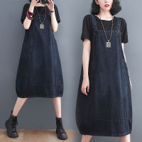 Factory Outlet 2023 Summer New Korean Solid Color Stitching Dress, Age Skinny, Retro Large Size Denim Strap Skirt Female