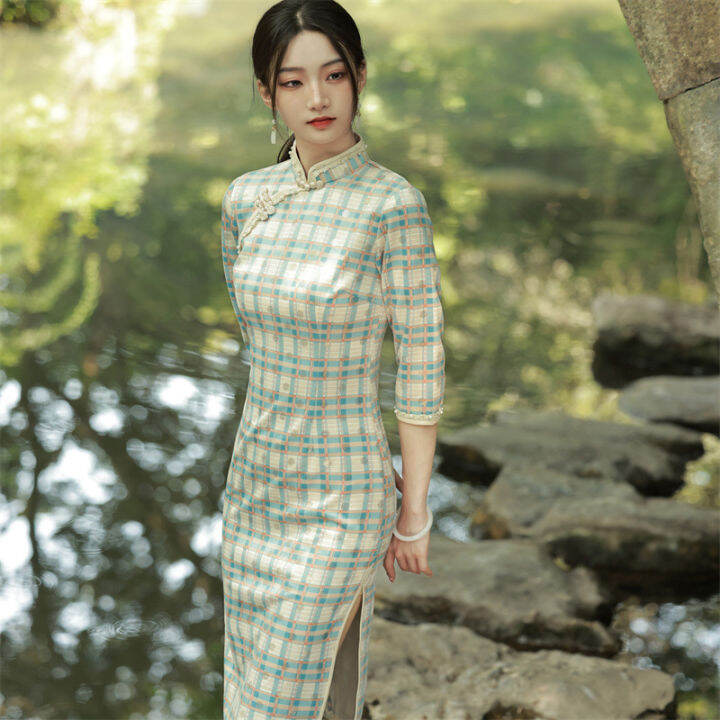 2022เกล็ดหิมะลายสก๊อตลูกไม้กลางความยาวชุด-cheongsam-วรรณกรรมย้อนยุคสาว-cheongsam