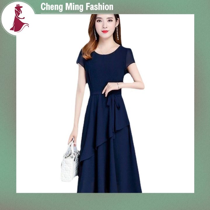 cheng-ming-ชุดผู้หญิงแขนสั้นฤดูร้อนเอวสูงสีทึบยาวปานกลางกระโปรงไซส์ใหญ่คอกลมชุดกระโปรงสวมหัว