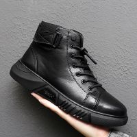 Ankle Boots Black PU Leather Mens Shoes Autumn and Winter High-top Casual Shoes 2022 New Fashion Leather Platform Boots