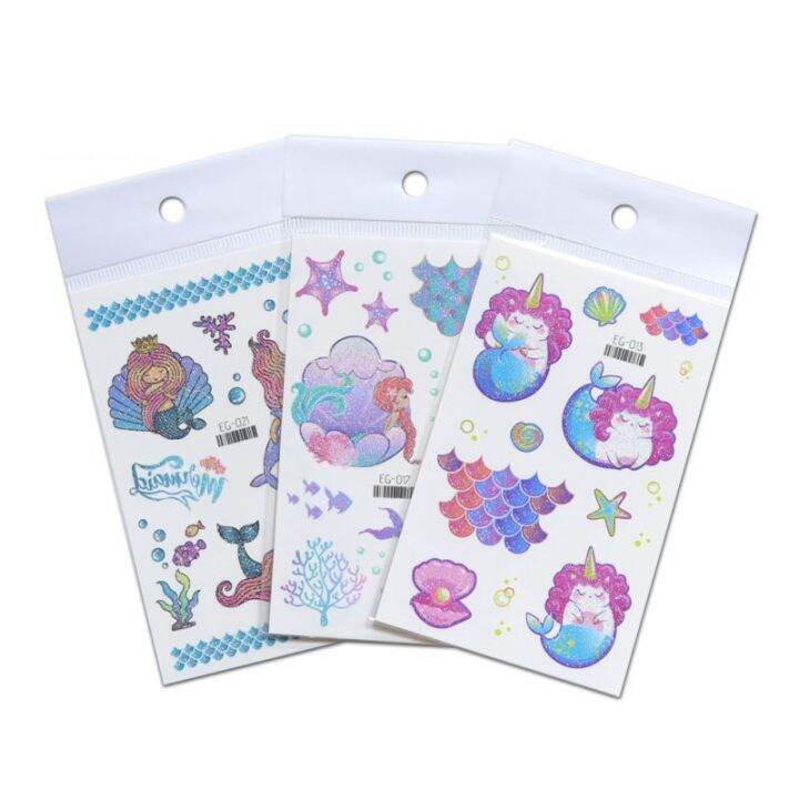 2pcs-bling-cartoon-mermaid-tattoos-stickers-butterfly-glitter-powder-waterproof-sticker-for-kids-student-gift