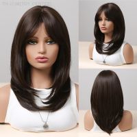 Synthetic Wigs Middle Long Natural Wavy Wig Dark Brown Layered Hair with Side Bangs for Women Daily Party Heat Resistant Fibre [ Hot sell ] TOY CENTER