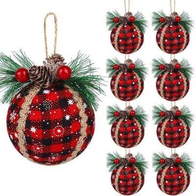9Pcs Christmas Plaid Ball Ornaments 3นิ้ว Red Buffalo Plaid Fabric Ball Christmas Tree Hanging Ball Ornaments
