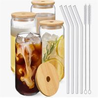 ✧❈ Glass Cup With Bamboo Lid and Straw Bubble Tea Cup Glasses Cups Transparent Beer Can Coffee Cup Cold Wine Cola 380ml-500ml