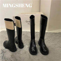 MINGSHENG รองเท้าบูทอัศวินบูตผู้หญิง Sepatu Boots Musim Panas กลางขนาดเล็กทำจากหนังหนา