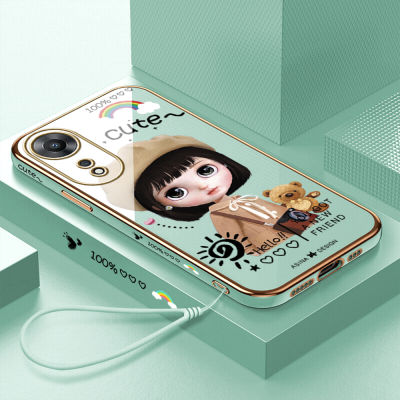 (คลังสินค้าพร้อม) เคสเคสมือถือสำหรับ OPPO A78 5G พร้อมฟรีสายคล้อง + การ์ตูนสาวน่ารักขอบสี่เหลี่ยมชุบเคลือบฝาหลังนิ่ม