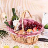 Picnic Basket, Natural Wicker Basket with Double Handles and Cloth Lining for Food Sundry Container Fruit Storage Promotio