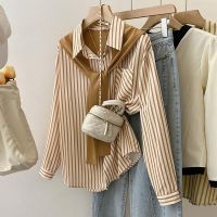 ♛ Large size shawl splicing fake two-piece striped shirt for women 2023 autumn new design niche long-sleeved top