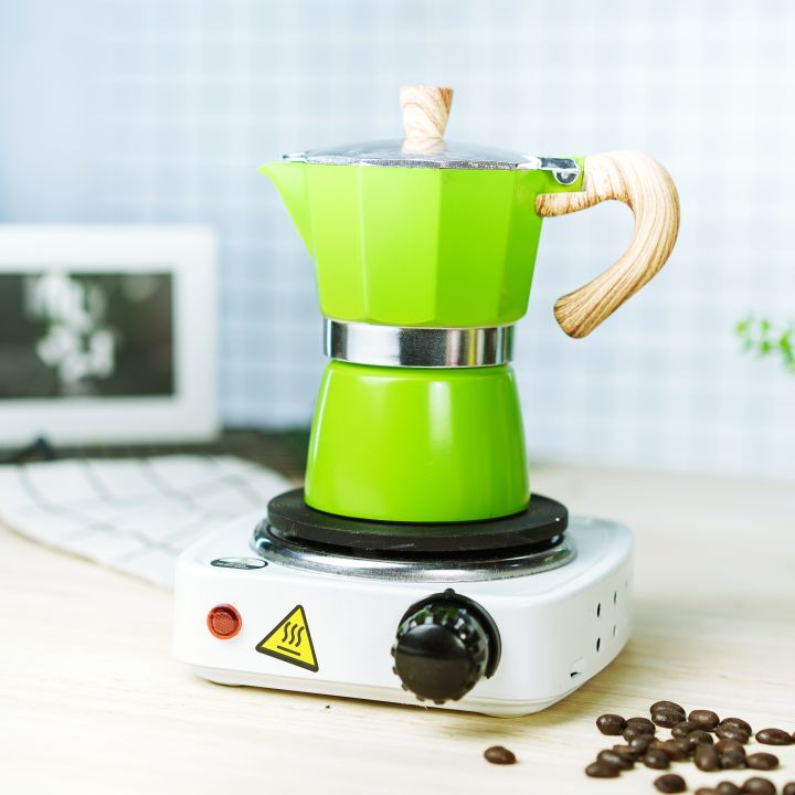 สีเขียว-กาต้มมอคค่าพอท-moka-pot-ลายไม้-เตามินิไฟฟ้าสีขาว-500w