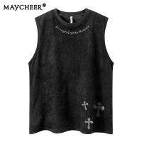 MAYCHEER   หนังนิ่มพิมพ์ลายกากบาทแบบย้อนยุคเสื้อกล้ามกีฬาเสื้อยืดแขนกุดฮิปฮอปสตรีทดั้งเดิมของผู้ชาย