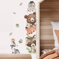 Cartoon Door Stickers Forest Animals Bear Rabbit Watercolor Wall Sticker for Kids Room Baby Nursery Room Wall Decals Home Decor