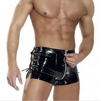 Sexy Men Wetlook Clubwear Jockstrap Fetish Gay Wear Wild PVC Faux Leather Zipper Open Short Erotic Jockstrap Bandage Pants