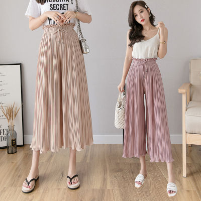 Chiffon Pleated Wide-Leg Trousers Womens 2023 Summer Dress Bud Ruffled High Waist Loose Draping Effect Ankle Length Casual Pants
