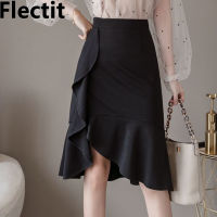 Flectit Women Pencil Skirt With Ruffle Asymmetrical Hem High Waist Knee Length Midi Skirt Elegant Office Lady Outfit