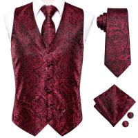 Hi-Tie Black Burdy Paisley Silk Mens Slim Waistcoat Necktie Set For Suit Dress Wedding 4PCS Vest Necktie Hanky Cufflink Set