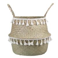 Handmade Bamboo Storage Baskets Seagrass Wicker Basket Garden Flower Pot Laundry Basket Container Toy Holder with White Tassel