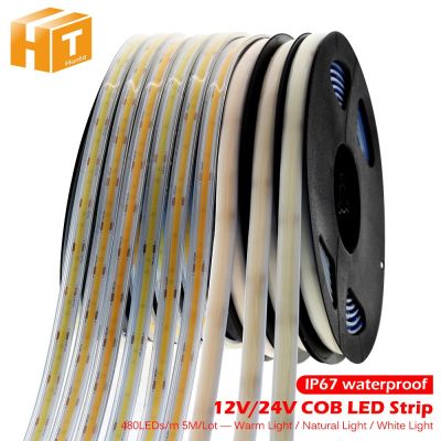 แถบ LED COB ไฟ LED 480ดวงความหนาแน่นสูงยืดหยุ่นได้3000K 4000K 6000K เทป LED IP67กันน้ำ12V 24V 5เมตร/ล็อตระเบิดได้