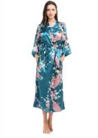 【LZ】■☊  Womens seda cetim quimono robes longo sleepwear roupão de banho floral pavão impresso padrão festa casamento dama de honra roupão