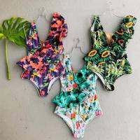 2021 Flounce Womens Swimsuit y Mesh V Neck Swimwear High Cut Monokini Bath Suit Trypical Pattern Slimming Bodysuit