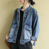 ใหม่มาถึงฤดูใบไม้ผลิเกาหลีแฟชั่นผู้หญิงแขนยาวหลวม Vintage Denim Jecket กระเป๋าใหญ่ Stand Collar Casual สั้นเสื้อ S817