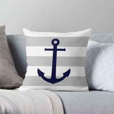 Nautical Navy Blue Anchor On Gray Stripe udqSoft Decorative Throw Pillow Cover for Home 45cmX45cm(18inchX18inch) Pillows NOT Included
