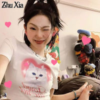 Zhu Xia เสื้อคอกลมแขนสั้นพิมพ์ลายวินเทจ,เลกกิ้งลดสไตล์ขนาดใหญ่อายุ2023เวอร์ชันเกาหลีฤดูร้อน