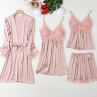 【jw】۩▨┇  Female Four Piece Set Pink Patchwork Sleepwear Pijamas Loose Silk Lounge Wear