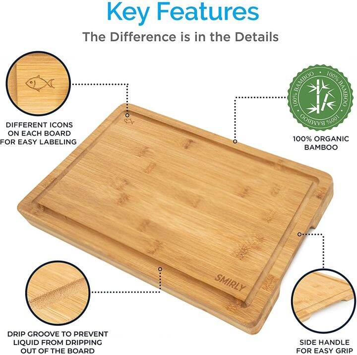 Smirly Bamboo Cutting Board for Kitchen Set of 4 Butcher Block Wood