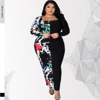 Plus Size Womens Long Dress Square Collar Printed Stitching Tight-fitting Long Sleeved One Step Dress Wholesale Dropshipping