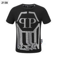 Philipp Plein เสื้อยืดแขนสั้นผ้าคอตตอนพิมพ์ลายตัวอักษรติดเพชรแบรนด์คุณภาพสูงเสื้อยืด PP เสื้อยืดสุดเท่