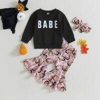 Toddler Girls 3PCS Halloween Clothes Sets Long Sleeve Letter Print Tops and Floral Flared Pants Headband Fall Winter Sets  by Hs2023