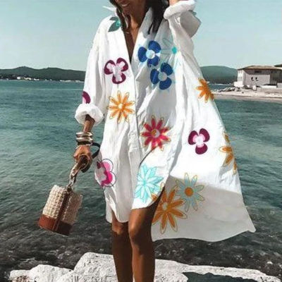 new Summer Women Turn-down Collar Loose Print Dresses Casual Long Beach Sleeve Shirt Dress oversized Party Vestidos Robe Blouse