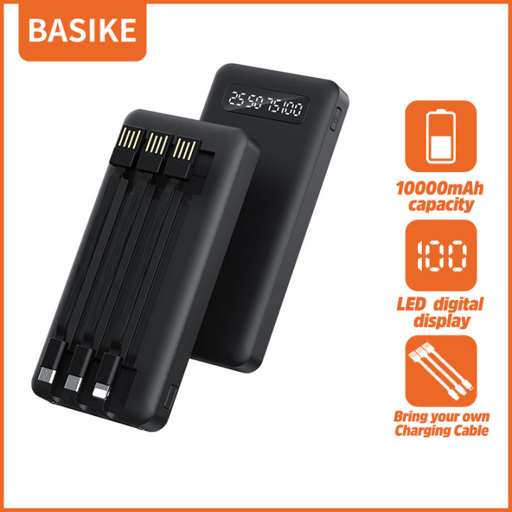 basike-power-bank-10000mah-usb-พาวเวอร์แบง-fast-charging-สีดำ-เพาเวอร์แบงค์-รวมสายชาร์จ-4-เส้น-เหมาะสำหรับมือถือรุ่นต่างๆ-พาวเวอร์แบงค์จำเป็นสำหรับการเดิน