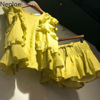 Neploe 2 Piece Sets Womens Outfits Summer  Korean Fungus Sleeveless T Shirts Stretch Waist Short Skirts Fashion Suits 44079