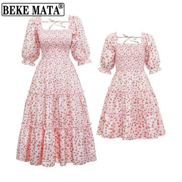 beke-mata-2022-spring-floral-print-half-sleeve-family-mom-and-daughter-dress-family-look-mother-teen-daughter-matching-clothes