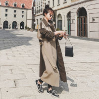 LANMREM 2022 Autumn Winter New Khaki Windbreaker Women Long Sleeve Contrast Color Patchwork Trench Outwear Female Fashion 2W1767