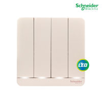 Schneider Electric สวิตช์ไฟทางเดียว 4 ช่อง มีไฟ LED สีทอง One Way Switch, LED 16AX, 250V, รุ่น AvatarOn E | E8334L1LED_WG_G5 | สั่งซื้อได้ที่ร้าน PlugOn