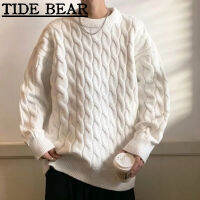 Tide BEAR ใหม่ เสื้อกันหนาว คอกลม ผ้าถัก ลาย Fried Dough Twists สีดํา สไตล์เรโทร แฟชั่นบอททอม สําหรับผู้ชาย