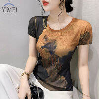 YIMEI เสื้อยืดผู้หญิงสวยๆ2023พิมพ์ลายแฟชั่นใหม่ฤดูร้อนเสื้อยืดลายผัดทองปั๊มคอกลมผู้หญิงเสื้อแขนสั้นรัดรูปพอดีเสื้อเรโทรผู้หญิง