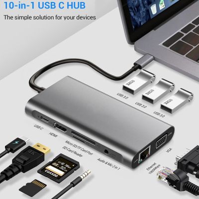 USB ฮับต่อพ่วง C พร้อมไมโครโฟนระบบ RJ45 1000ม. VGA 4K HDMI จอภาพคู่ PD 3.0ชาร์จเครื่องอ่านการ์ดเสียงสำหรับ MacBook Pro/air Feona