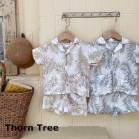 Thorn Tree 2 ชิ้นเด็กวัยหัดเดินเด็กชุดเด็กชายใบไม้พิมพ์เสื้อแขนสั้นกระดุมลง + ชุดเสื้อผ้ากางเกง