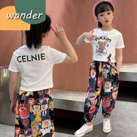 WANDER ชุดแฟชั่นเด็กผู้หญิง เสื้อเด็กหญิง การออกแบบลวดลายการ์ตูนแฟชั่น กางเกงพิมพ์ลายการ์ตูนเกาหลี ชุดเด็ก 8-12 ขวบ23713