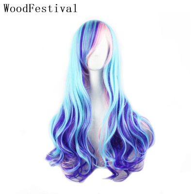 Woodfestival Synthetic Hair Wig With Bangs Colored Cosplay Wigs For Women Long Wavy Rainbow Pink Blue Red Green Brown White Grey